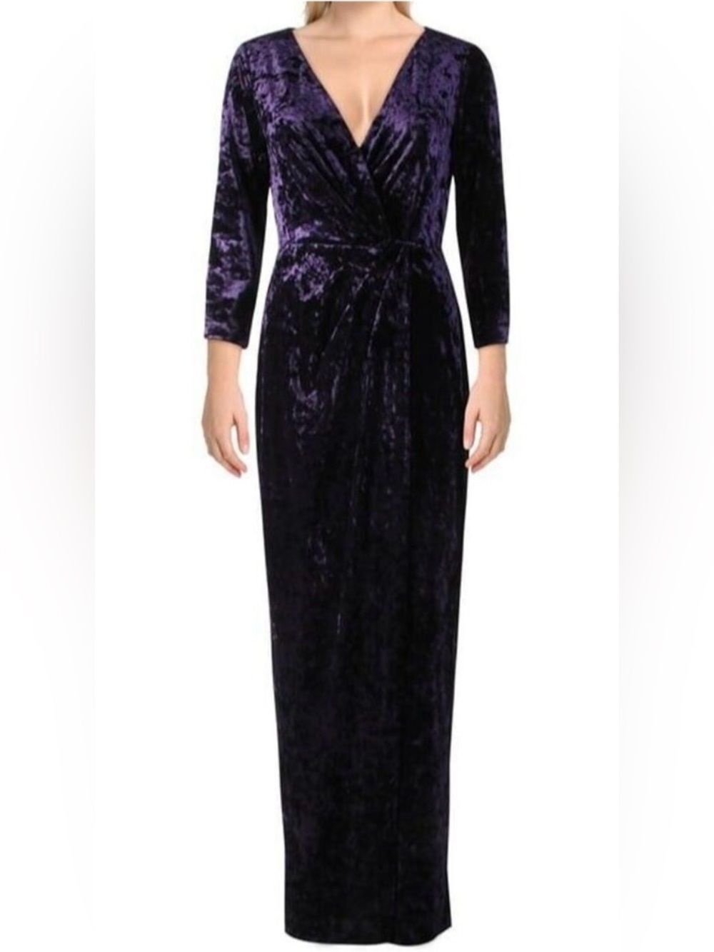 Lauren Ralph Lauren Annaliah Purple Velvet Faux Wrap Evening Dress Gown